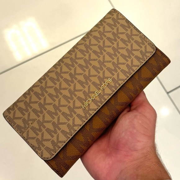 Michael Kors Jet Set Large Signature Logo TriFold Wallet Camel Multi - Picture 2 of 7